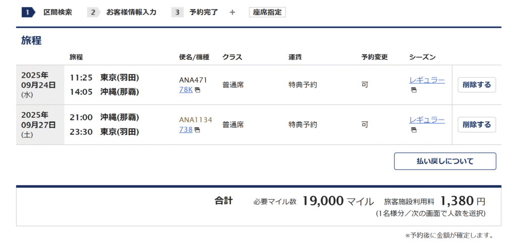 ANA沖縄往復（特典航空券）